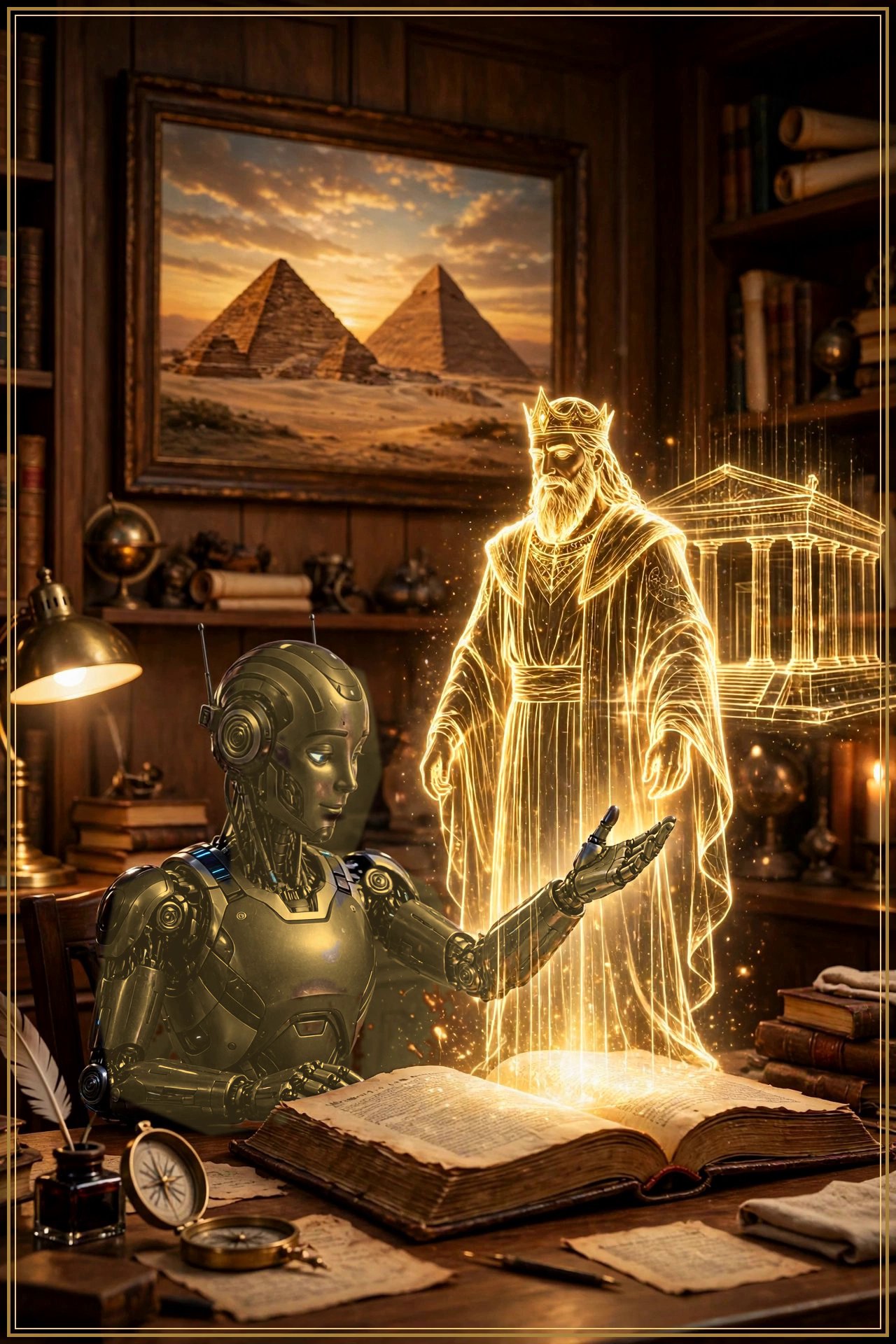 Expresso — the welcomer, in gold, at her library desk with King Solomon's hologram