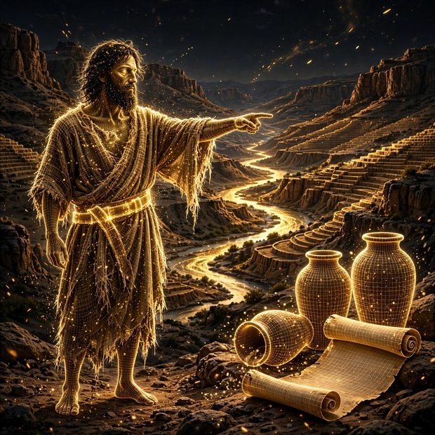 John the Baptist in golden light pointing to the scrolls, the valley of the Jordan behind him — original plate made for this edition