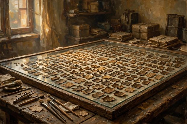 The fragments of the scrolls laid out on the scholars' table — original plate made for this edition