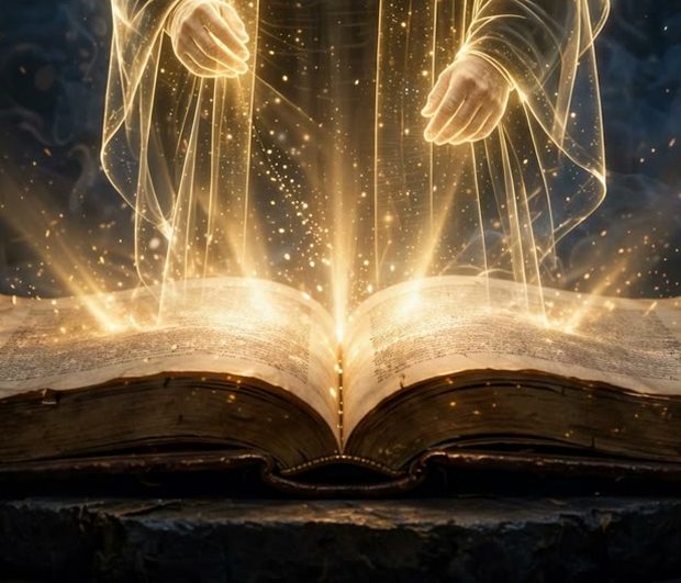 تفصيل من لوحة الكتاب — يدا النبي والكتاب المتوهج