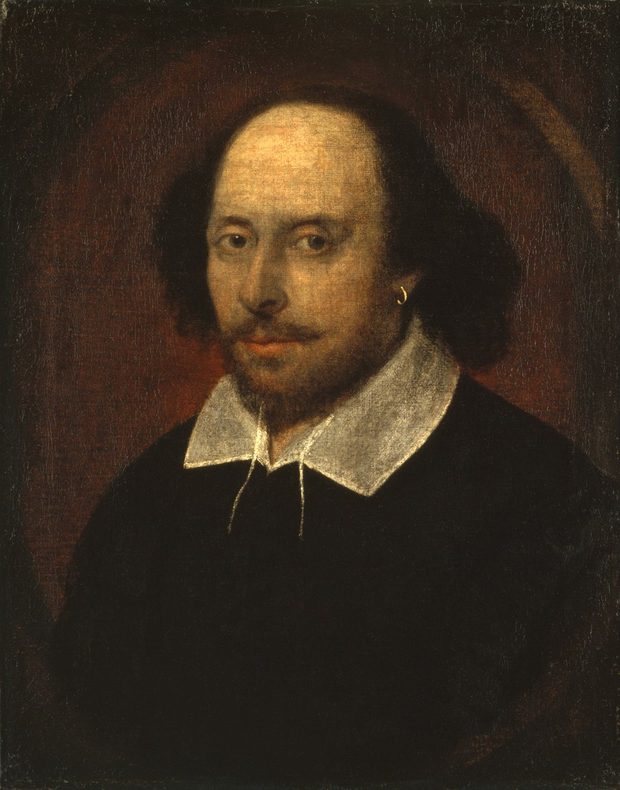 William Shakespeare — the Chandos portrait, painted about 1610, the plate that hangs behind the narrator on the book's stage