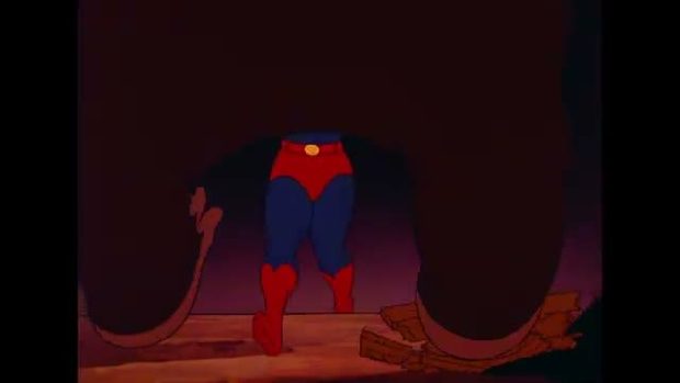 Képkocka a Rémség a vurstliban című részből, 1942 — Superman az óriásgorillával szemben a sötét vurstliban, tábla a könyvből