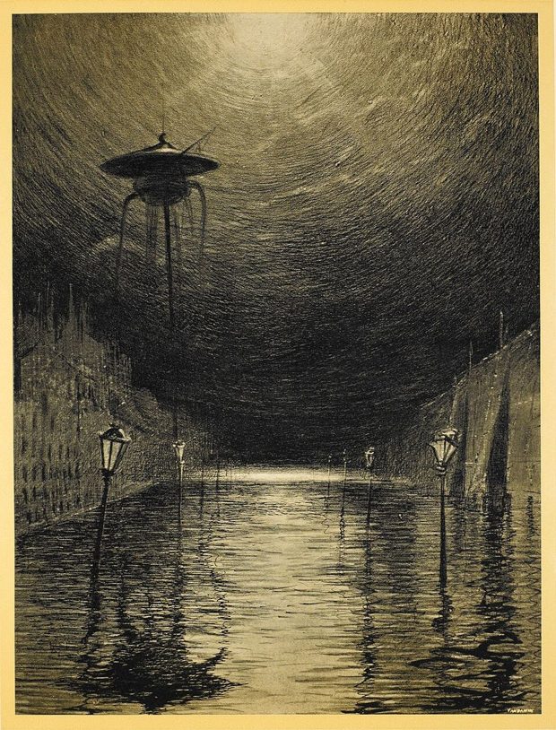 A Martian fighting-machine in a flooded street — plate by Henrique Alvim Corrêa, 1906